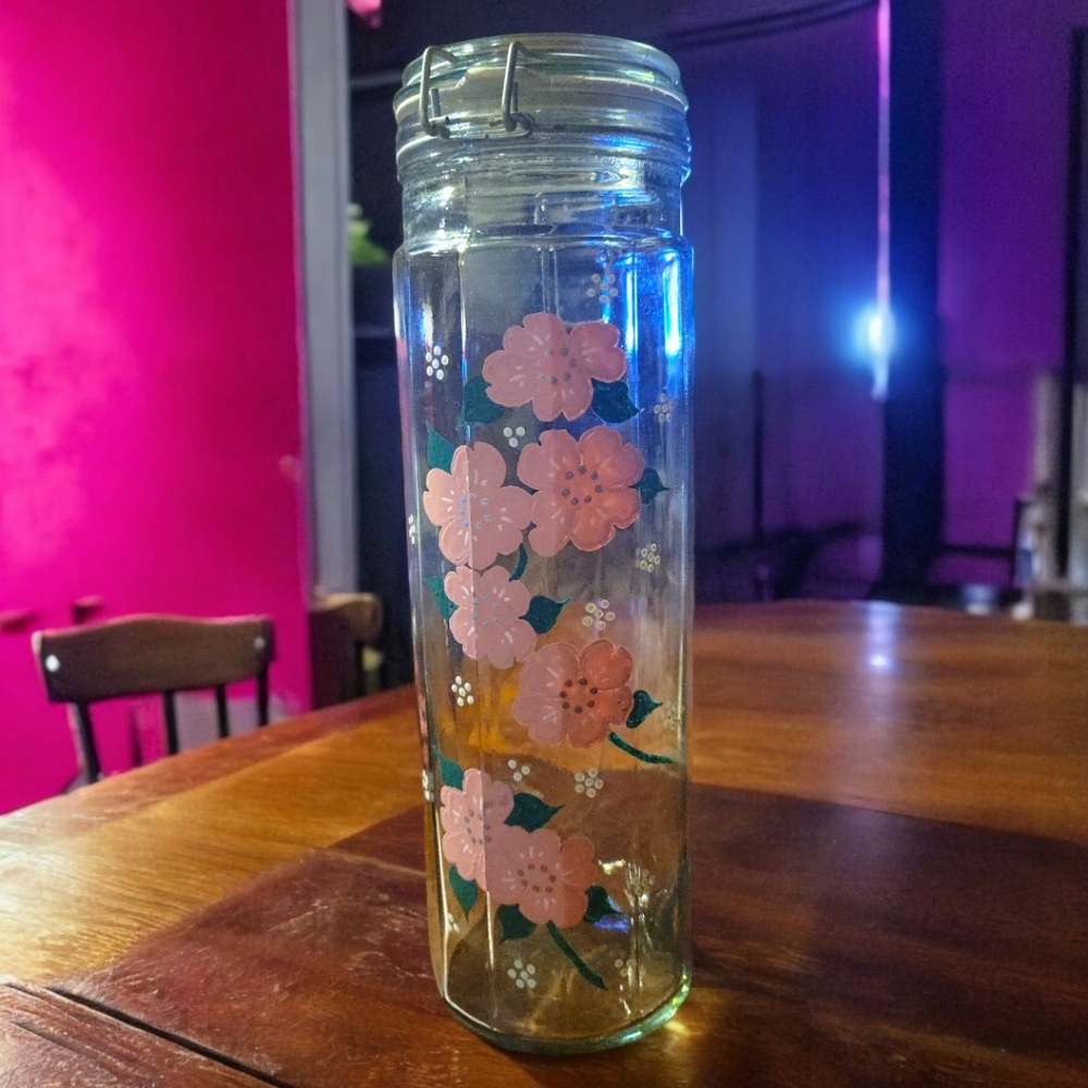 Vtg Sealing Clear Glass Pink Flower 🌸  Hand Painted Apothecary Canister